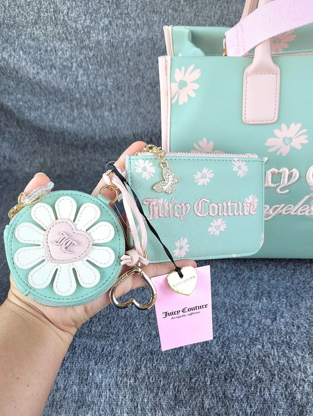 Juicy Couture Daisy For Juicy Tote Frosty Green Pink With Matching Card Wallet